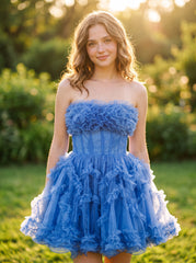 Ball-Gown/Princess Short Sleeve Short Tulle Homecoming Dress With Ruffle