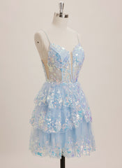 A-line V-Neck Short Tulle Mini Dress With Sequins
