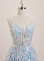 A-line V-Neck Short Tulle Mini Dress With Sequins