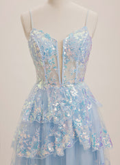 A-line V-Neck Short Tulle Mini Dress With Sequins