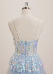 A-line V-Neck Short Tulle Mini Dress With Sequins