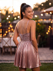 A-Line Spaghetti Straps Short Metallic Homecoming Dress
