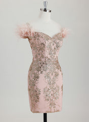 Bodycon Off the Shoulder Short Sequin Homecoming Dress With Faux Feather Sequins