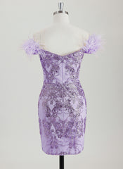 Bodycon Off the Shoulder Short Sequin Homecoming Dress With Faux Feather Sequins