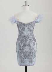Bodycon Off the Shoulder Short Sequin Homecoming Dress With Faux Feather Sequins