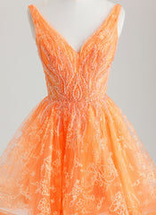 A-line V-Neck Short Lace Tulle Homecoming Dress With Beading Sequins