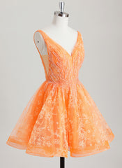 A-line V-Neck Short Lace Tulle Homecoming Dress With Beading Sequins