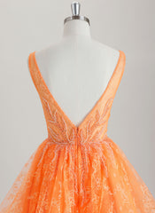 A-line V-Neck Short Lace Tulle Homecoming Dress With Beading Sequins