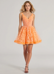 A-line V-Neck Short Lace Tulle Homecoming Dress With Beading Sequins