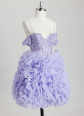 Ball-Gown/Princess Off the Shoulder Short Tulle Homecoming Dress With Rhinestone Appliques Lace