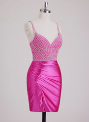 Sheath/Column V-Neck Short Silky Satin Mini Dress With Sequins Beading