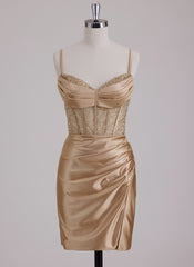 Sheath/Column V-Neck Sweetheart Short Silky Satin Mini Dress With Pleated