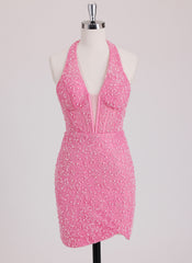 Sheath/Column Halter Short Lace Mini Dress With Beading Sequins