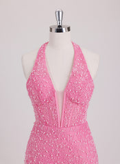 Sheath/Column Halter Short Lace Mini Dress With Beading Sequins