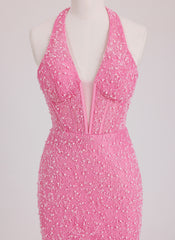 Sheath/Column Halter Short Lace Mini Dress With Beading Sequins