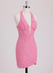 Sheath/Column Halter Short Lace Mini Dress With Beading Sequins