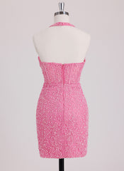 Sheath/Column Halter Short Lace Mini Dress With Beading Sequins