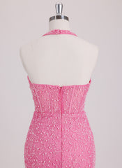 Sheath/Column Halter Short Lace Mini Dress With Beading Sequins
