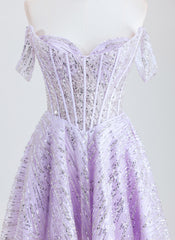 A-line Off the Shoulder Short Sequin Homecoming Dress With Sequins