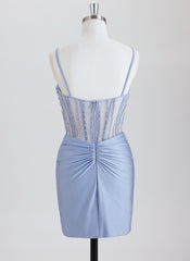 Sheath Spaghetti Traps Short Silky Satin Homecoming Dress With Rhinestone