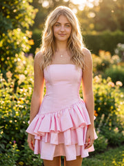 Ball-Gown/Princess Sleeveless Short Satin Homecoming Dress With Ruffle
