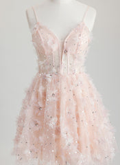 Ball-Gown/Princess V-Neck Short Tulle Homecoming Dress With Beading 3D Floral Sequins