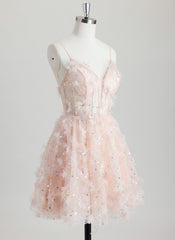Ball-Gown/Princess V-Neck Short Tulle Homecoming Dress With Beading 3D Floral Sequins