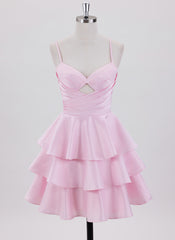 Ball-Gown/Princess Spaghetti Straps Short Satin Homecoming Dress With Pleated