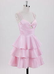 Ball-Gown/Princess Spaghetti Straps Short Satin Homecoming Dress With Pleated