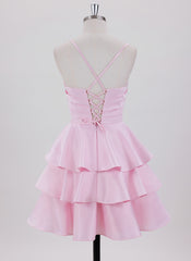 Ball-Gown/Princess Spaghetti Straps Short Satin Homecoming Dress With Pleated
