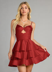 Ball-Gown/Princess Spaghetti Straps Short Satin Homecoming Dress With Pleated