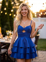Ball-Gown/Princess Spaghetti Straps Short Satin Homecoming Dress With Pleated