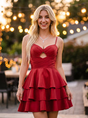 Ball-Gown/Princess Spaghetti Straps Short Satin Homecoming Dress With Pleated