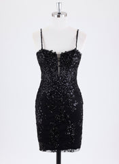 Sheath/Column Spaghetti Straps Short Lace Homecoming Dress With Sequins