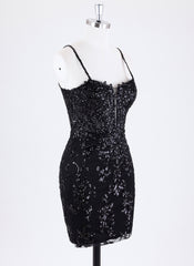 Sheath/Column Spaghetti Straps Short Lace Homecoming Dress With Sequins