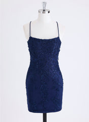 Sheath/Column Spaghetti Straps Short Lace Homecoming Dress With Sequins