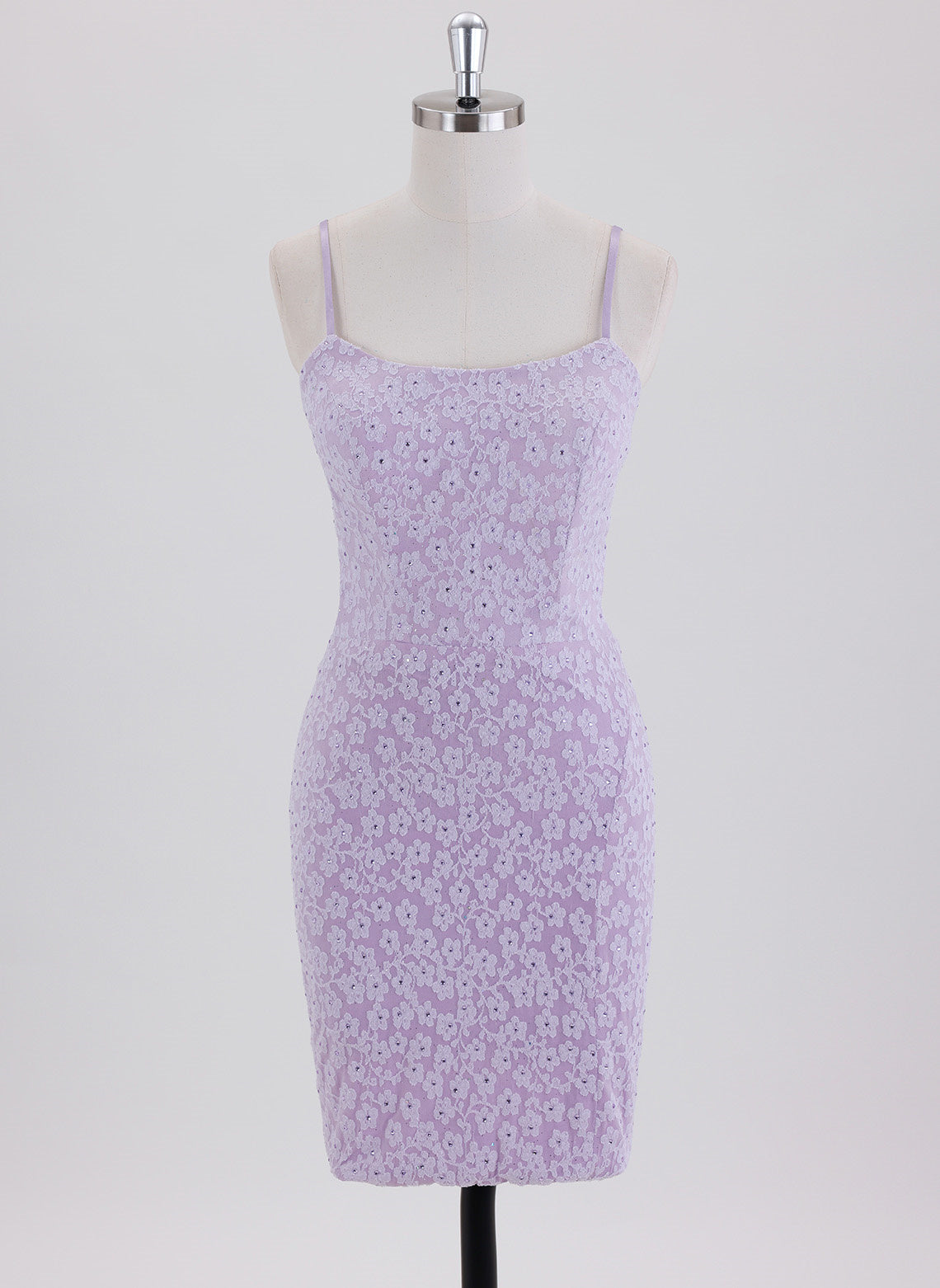 Sheath/Column Spaghetti Straps Short Lace Homecoming Dress With Rhinestone