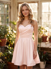 A-line Spaghetti Straps Short Satin Homecoming Dress With Pleated