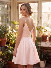 A-line Spaghetti Straps Short Satin Homecoming Dress With Pleated