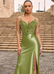 Trumpet/Mermaid V-Neck Sweep Train Jersey Prom Dresses With Sequins Beading Embroidered