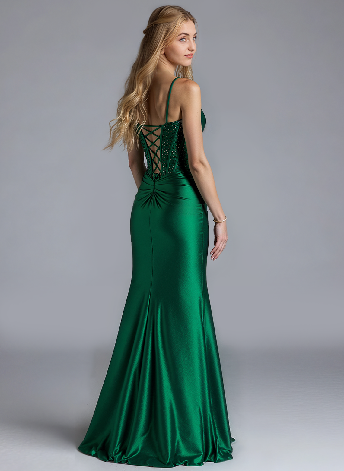 Trumpet/Mermaid V-Neck Sweep Train Silky Satin Prom Dresses With Rhinestone Sequins Beading