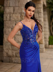 Trumpet/Mermaid V-Neck Sweep Train Jersey Lace Maxi Dresses With Pleated Sequins