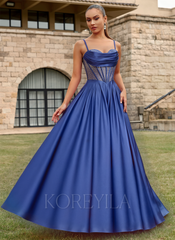 A-line Sweetheart Sweep Train Silky Satin Prom Dresses With Rhinestone