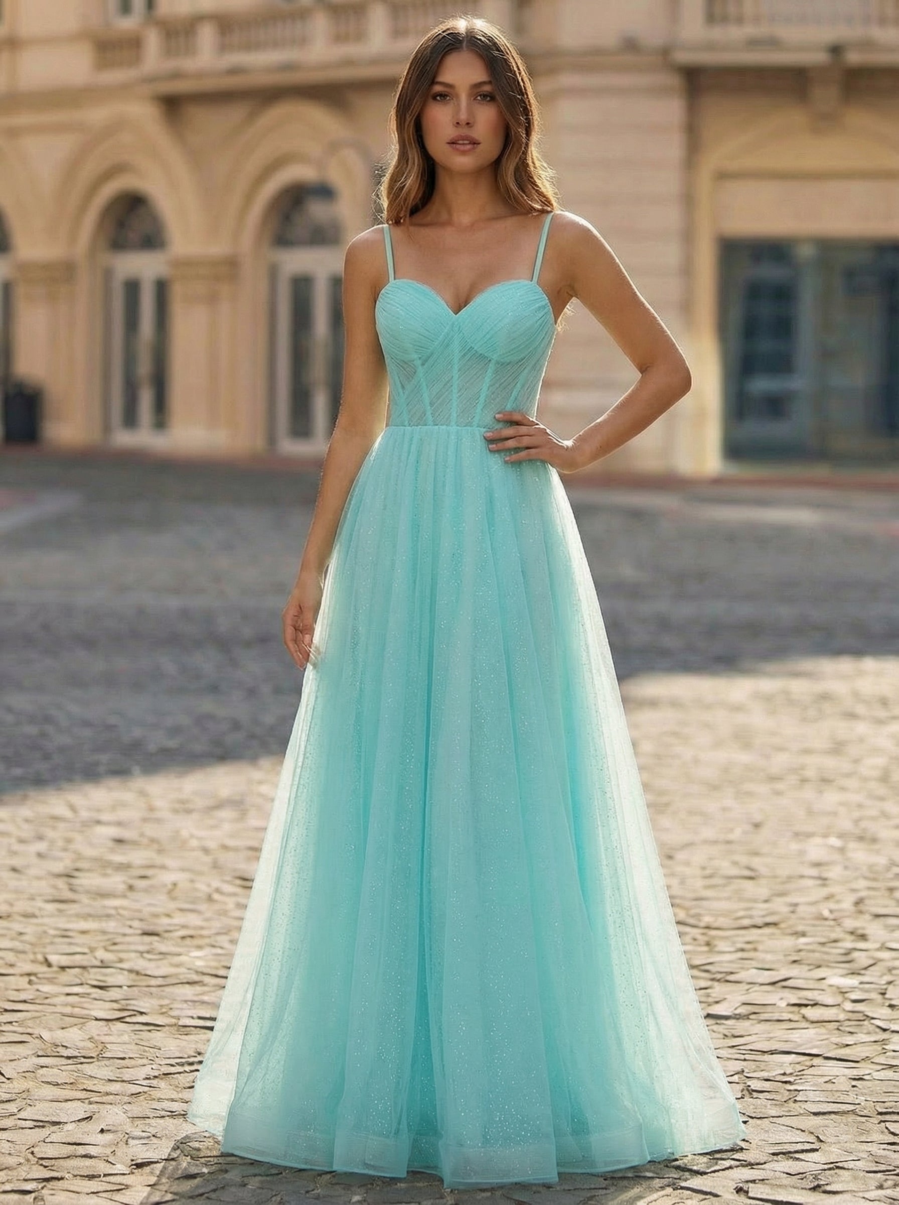 Sleeveless Spaghetti Straps Sweetheart Pleated Tulle A-line Maxi Dress