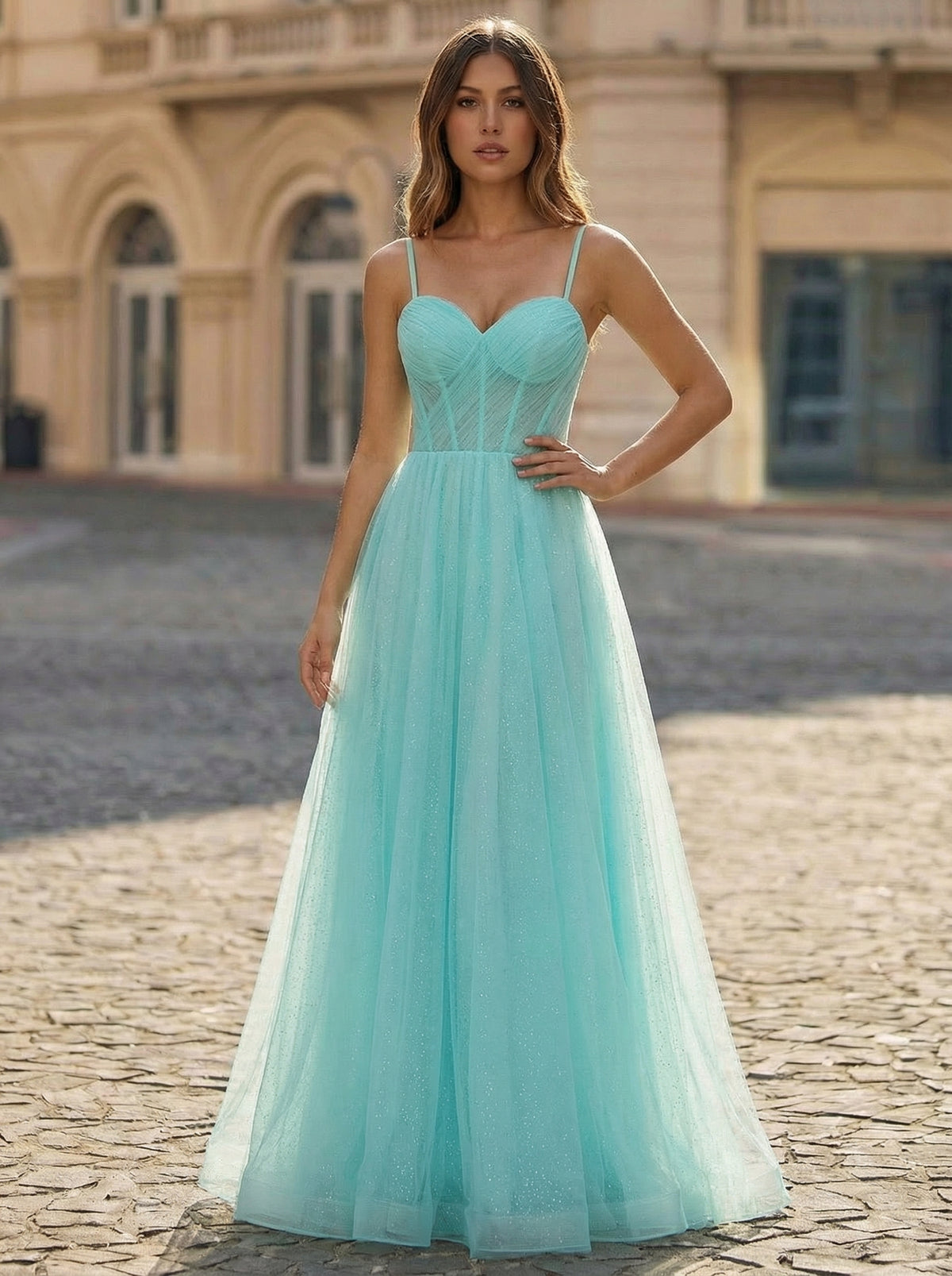 Sleeveless Spaghetti Straps Sweetheart Pleated Tulle A-line Maxi Dress