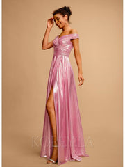 A-Line Off-the-Shoulder Floor-Length Polyester Prom Dresses With Sequins Pleated