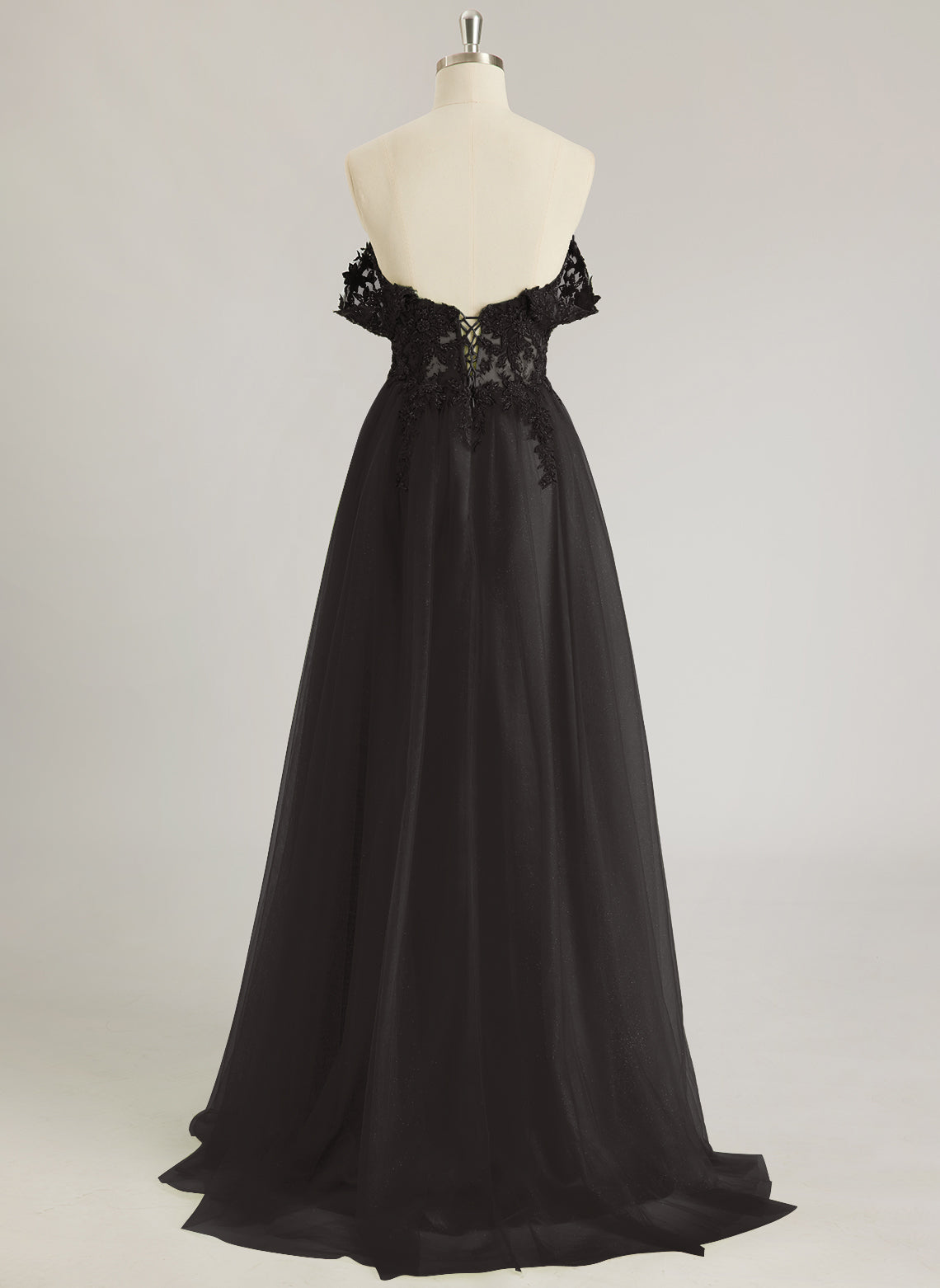 A-line Off the Shoulder Sweep Train Tulle Prom Dresses With Sequins Appliques Lace Beading