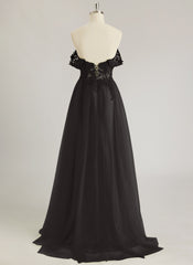 A-line Off the Shoulder Sweep Train Tulle Prom Dresses With Sequins Appliques Lace Beading