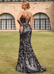 Sparkly Lace Up Back V-Neck Corset Sequin Mermaid Maxi Dress With Slit