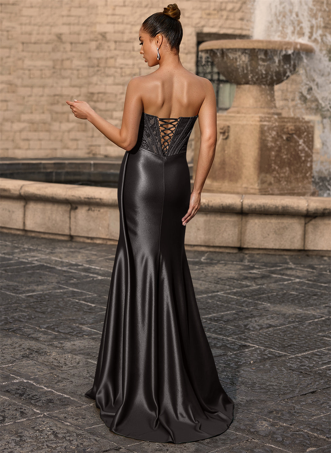 Trumpet/Mermaid Scoop Floor-Length Lace Jersey Prom Dresses With Beading